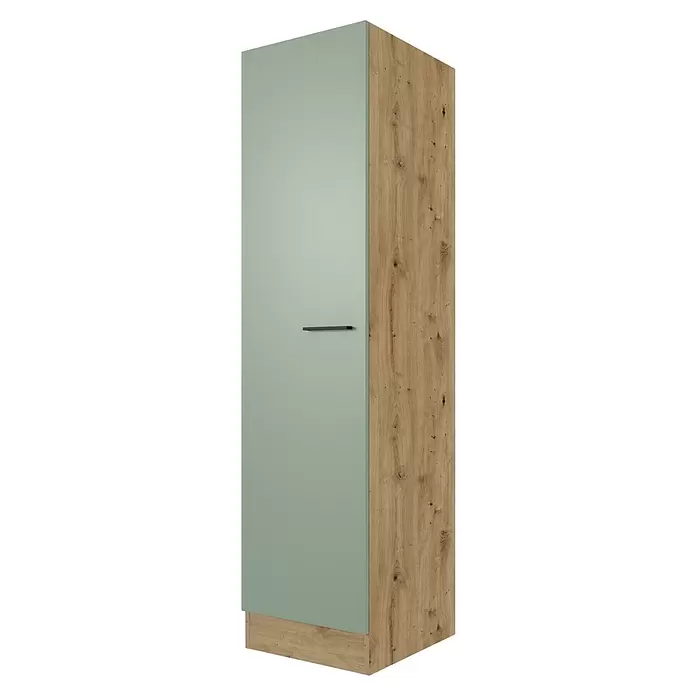 Flex-Well Cara Geschirrschrank - B x T x H: 50 x 57 x 200 cm, Grün - Hoher Schrank mit hellgrüner Tür und Seiten/Sockel in Naturholzoptik, mit schwarzem Griff.