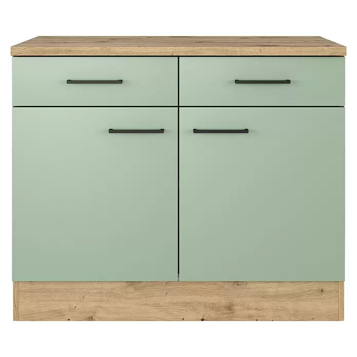 Flex-Well Cara Küchen-Unterschrank - B x T x H: 100 x 60 x 85 cm, Grün - Hellgrüner Schrank mit Holzplatte und -sockel, zwei Schubladen und zwei Türen mit schwarzen Griffen.
