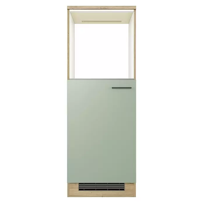 Flex-Well Cara Geräteumbauschrank - B x T x H: 60 x 57 x 168,5 cm, Grün - Einbaumöbel mit hellgrüner Tür, dunklem Griff, Lüftungsgitter unten und offenem Fach mit hellem Holzrahmen und integrierter Beleuchtung.