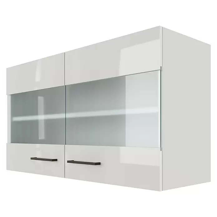 Flex-Well Lund Glas-Hängeschrank - B x T x H: 100 x 32 x 54,8 cm, Lichtgrau - Weißer Küchenhängeschrank mit zwei Glastüren und zwei geschlossenen weißen Türen mit dunklen Griffen.