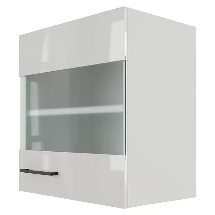 Flex-Well Lund Glas-Hängeschrank - B x T x H: 50 x 32 x 54,8 cm, Lichtgrau - Weißer Hochglanz-Küchenhängeschrank mit Milchglasplatte und dunklem Griff.