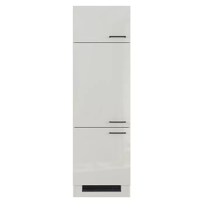 Flex-Well Lund Geräteumbauschrank - B x T x H: 60 x 57 x 200 cm, Lichtgrau - Weißer Einbauschrank mit dunklen Griffen und einem Lüftungsgitter unten.