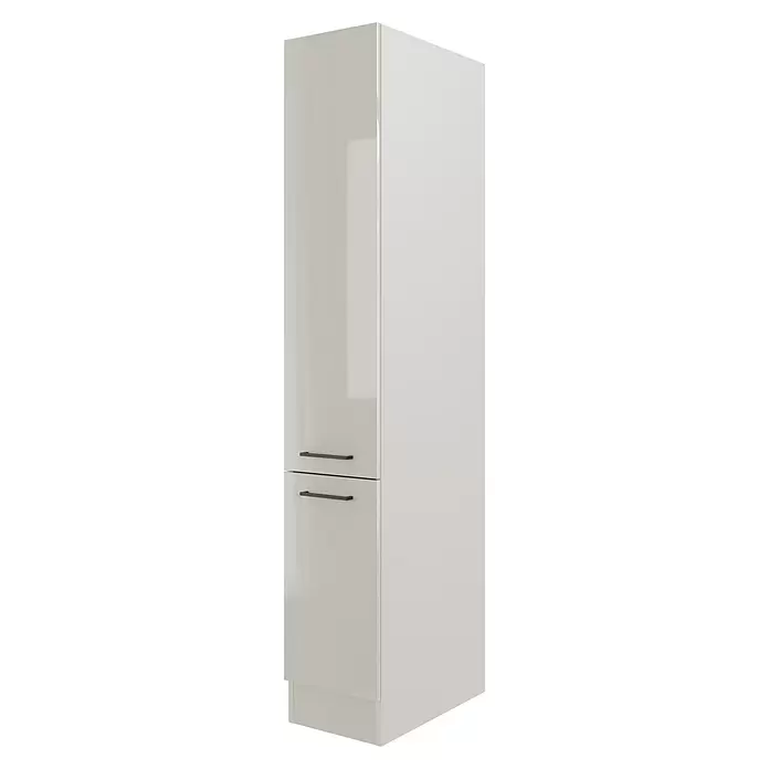 Flex-Well Lund Apotheker-Hochschrank - B x T x H: 30 x 57 x 200 cm, Lichtgrau - Hoher, glänzender hellgrauer Schrank mit zwei dunklen Horizontalgriffen.