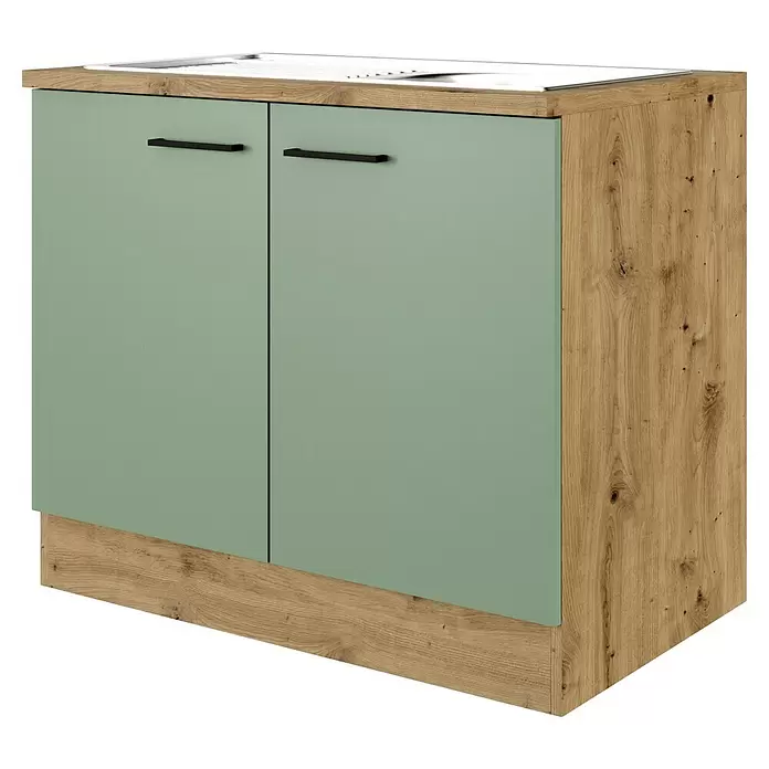 Flex-Well Cara Spülenunterschrank - B x T x H: 100 x 57 x 85 cm, Grün - Salbeigrüner Küchenunterschrank mit Holzplatte, integrierter Spüle und zwei Türen mit schwarzen Griffen.