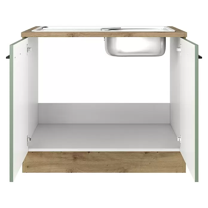 Flex-Well Cara Spülenunterschrank - B x T x H: 100 x 57 x 85 cm, Grün - Offener Spülenunterschrank aus hellem Holz mit weißem Waschbecken, weißem Innenraum und hellgrünen Türen.