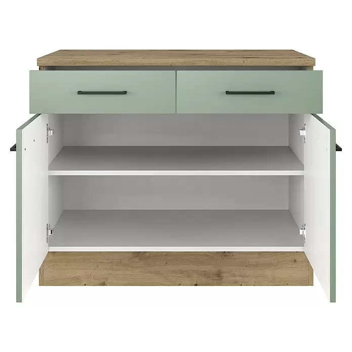 Flex-Well Cara Küchen-Unterschrank - B x T x H: 100 x 60 x 85 cm, Grün - Holzschrank mit hellgrünen Schubladen und offenen weißen Türen, die zwei Regalböden zeigen.