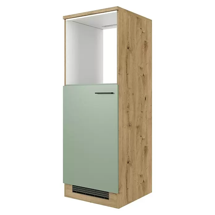 Flex-Well Cara Geräteumbauschrank - B x T x H: 60 x 57 x 168,5 cm, Grün - Hoher Küchenschrank für Einbaugeräte, mit heller Holzmaserung und einer salbeigrünen Tür mit dunklem Griff und Lüftungsgitter.