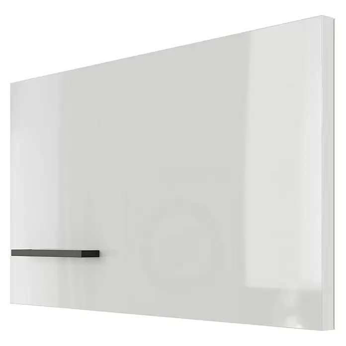 Flex-Well Lund Küchen-Hängeschrank - B x T x H: 60 x 32 x 32 cm, Lichtgrau - Weiße, glänzende Möbelfront mit einem dunkelgrauen horizontalen Griff.