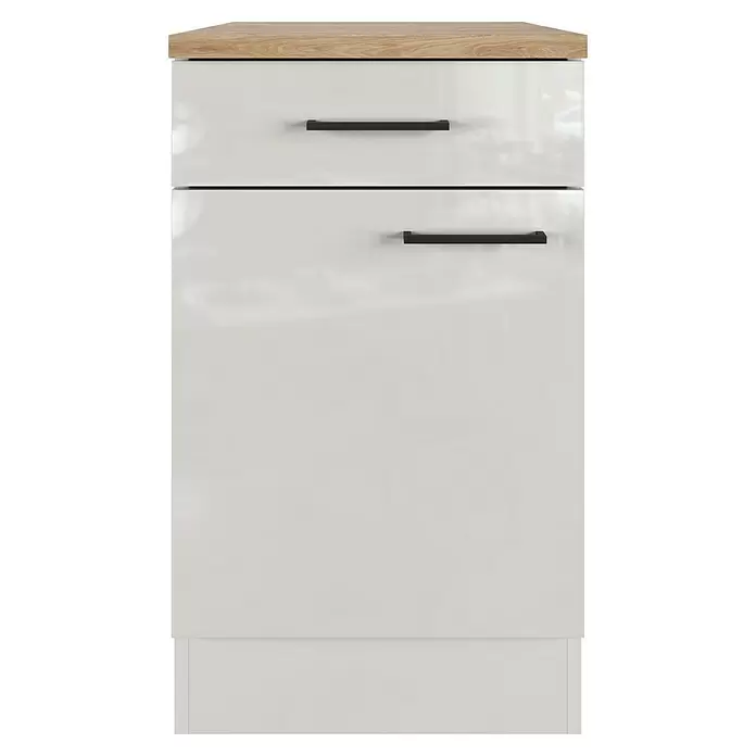 Flex-Well Lund Küchen-Unterschrank - B x T x H: 50 x 60 x 85 cm, Lichtgrau - Weißer Hochglanzschrank mit zwei Schubladen, schwarzen Griffen und heller Holzplatte.
