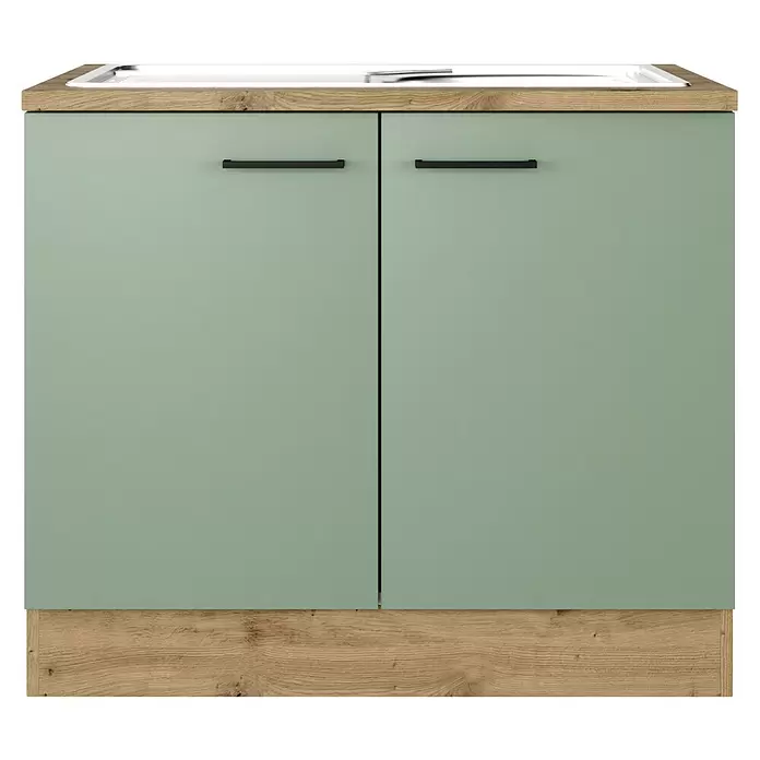 Flex-Well Cara Spülenunterschrank - B x T x H: 100 x 57 x 85 cm, Grün - Salbeigrüner Küchenunterschrank mit zwei Türen, schwarzen Griffen und Arbeitsplatte sowie Sockel in heller Holzoptik.