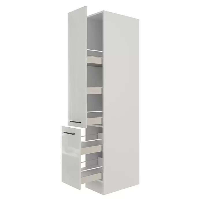 Flex-Well Lund Apotheker-Hochschrank - B x T x H: 30 x 57 x 200 cm, Lichtgrau - Weißer, hochglänzender Küchenhochschrank mit ausziehbaren Innenschubladen und schwarzen Griffen, eine Tür teilweise geöffnet.