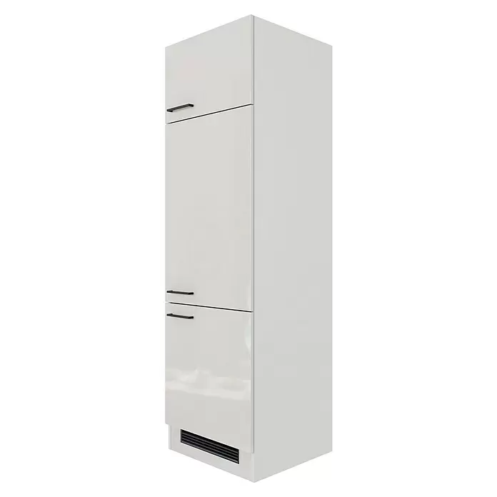 Flex-Well Lund Geräteumbauschrank - B x T x H: 60 x 57 x 200 cm, Lichtgrau - Weißer, glänzender Hochschrank mit schwarzen Griffen und Lüftungsgitter unten.