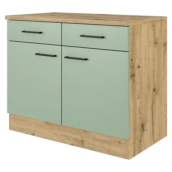 Flex-Well Cara Küchen-Unterschrank - B x T x H: 100 x 60 x 85 cm, Grün - Sideboard in heller Holzoptik mit hellgrünen Fronten, zwei Türen und zwei Schubladen, schwarzen Griffen.