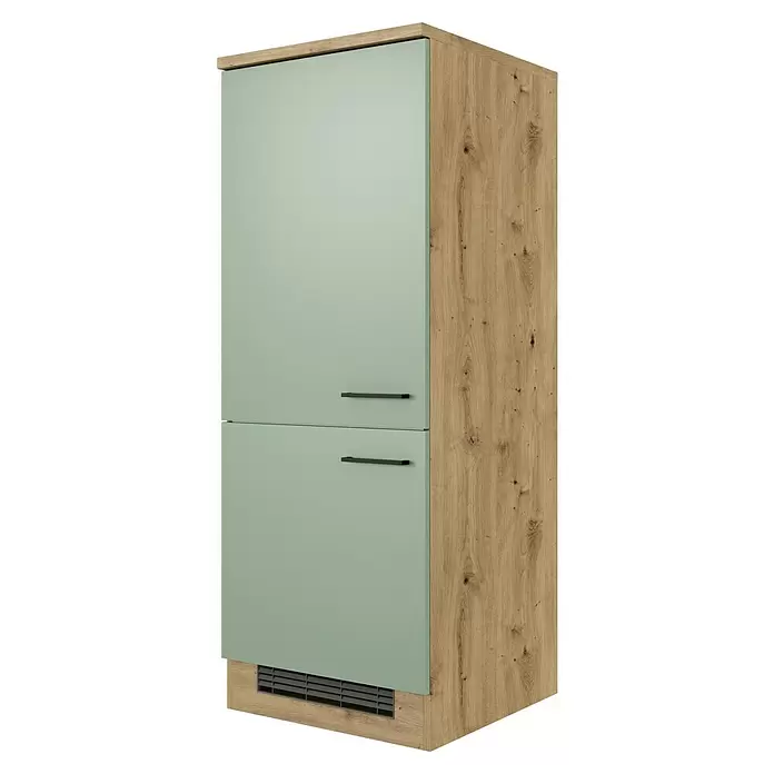 Flex-Well Cara Geräteumbauschrank - B x T x H: 60 x 57 x 161 cm, Grün - Hoher Schrank mit hellgrünen Türen, hellen Holzseiten und schwarzen Griffen. Unten befindet sich ein Lüftungsgitter.