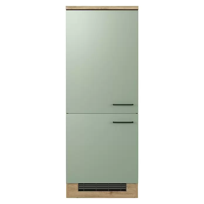 Flex-Well Cara Geräteumbauschrank - B x T x H: 60 x 57 x 161 cm, Grün - Hellgrüne Einbaufront mit zwei schwarzen Griffen, Holzdekor und Lüftungsgitter unten.