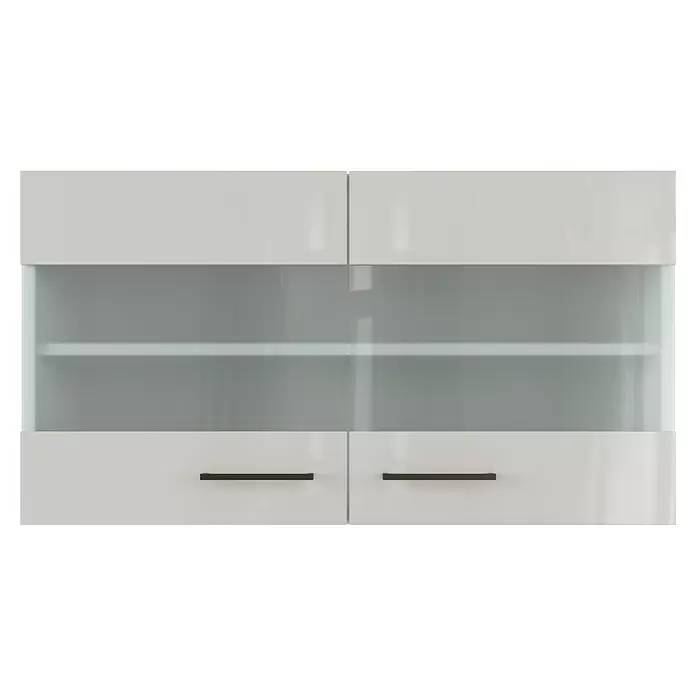 Flex-Well Lund Glas-Hängeschrank - B x T x H: 100 x 32 x 54,8 cm, Lichtgrau - Weiße Küchenhängeschränke mit satinierten Glastüren und dunklen Griffen.