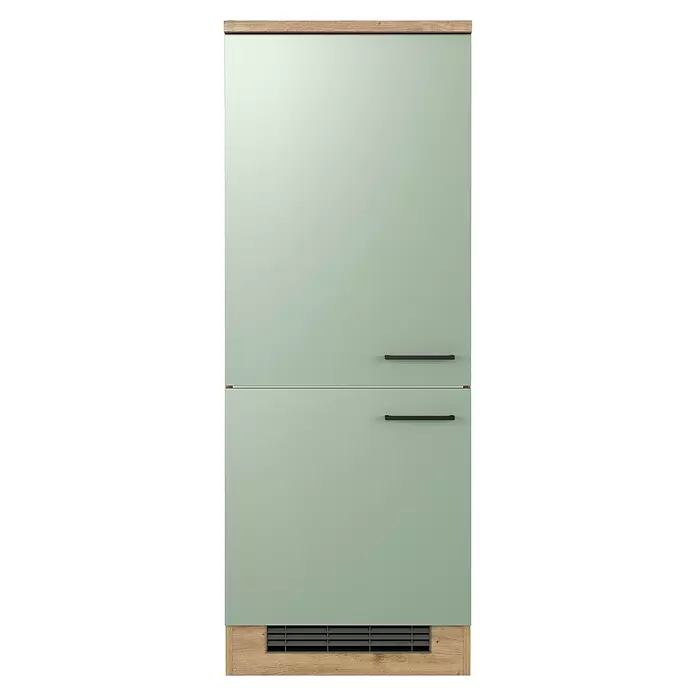 Flex-Well Cara Geräteumbauschrank - B x T x H: 60 x 57 x 161 cm, Grün - Integrierter Kühl-Gefrierschrank mit salbeigrünen Türen, Holzpaneelen oben und unten, schwarzen Griffen und Lüftungsgitter.