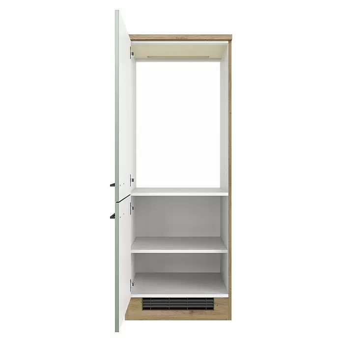 Flex-Well Cara Geräteumbauschrank - B x T x H: 60 x 57 x 161 cm, Grün - Offener weißer Schrank mit Holzrahmen, mehreren Regalböden und Lüftungsgitter unten.