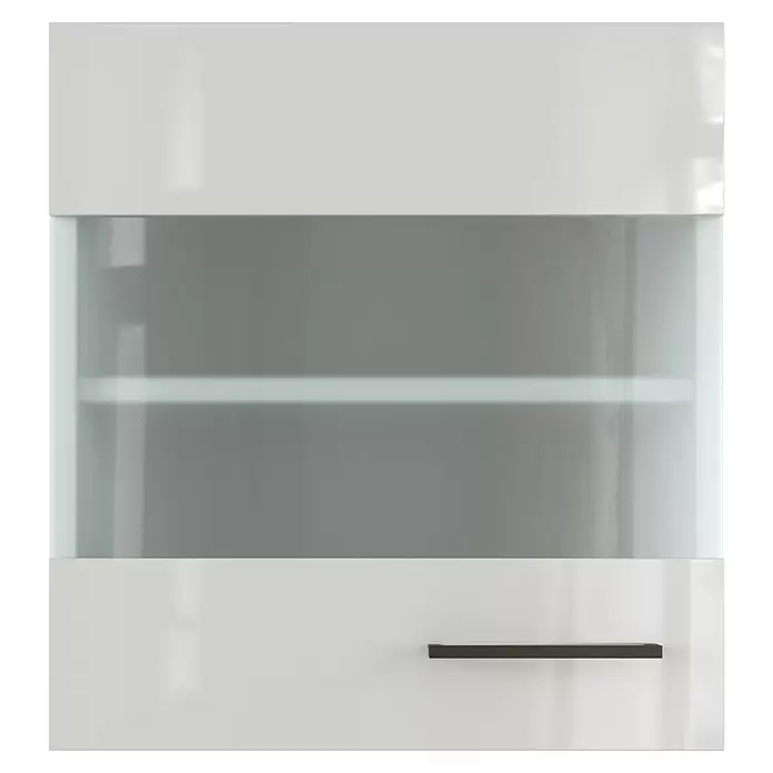 Flex-Well Lund Glas-Hängeschrank - B x T x H: 50 x 32 x 54,8 cm, Lichtgrau - Weiße Schranktür mit mattierter Glasscheibe in der Mitte und einem dunkelgrauen Griff unten rechts.