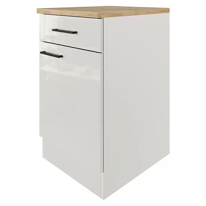 Flex-Well Lund Küchen-Unterschrank - B x T x H: 50 x 60 x 85 cm, Lichtgrau - Weißer Hochglanz-Beistellschrank mit zwei Schubladen, schwarzen Griffen und heller Holzplatte.
