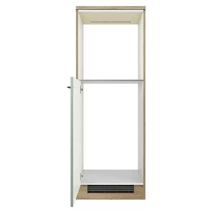 Flex-Well Cara Geräteumbauschrank - B x T x H: 60 x 57 x 168,5 cm, Grün - Heller Holzschrank mit offener hellgrüner Tür, weißen Einlegeböden und einem Lüftungsgitter unten.