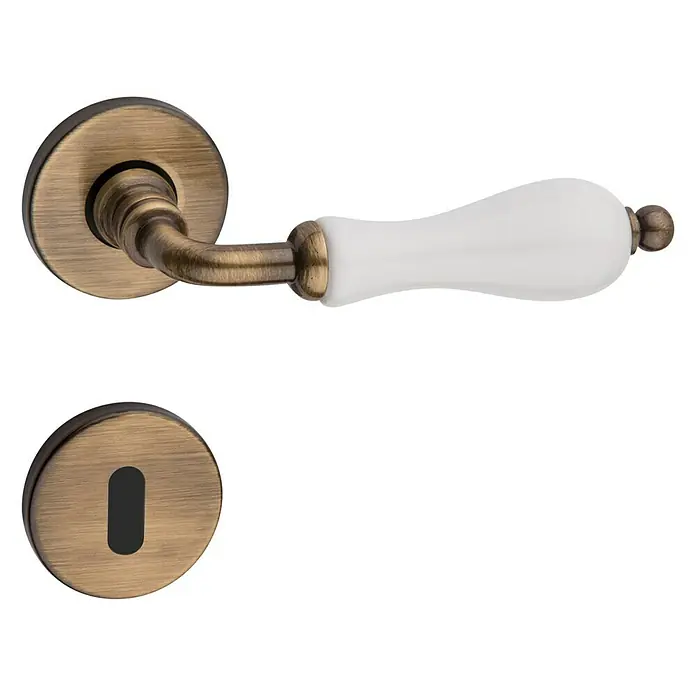 Diamond Doors Classic Zimmertürgarnitur Columbus - Bronze, Stärke Tür: 40 mm - 45 mm, Buntbart - Antik-inspirierte Türklinke mit Messingfinish und Porzellangriff. Elegantes Design für klassische Inneneinrichtung.