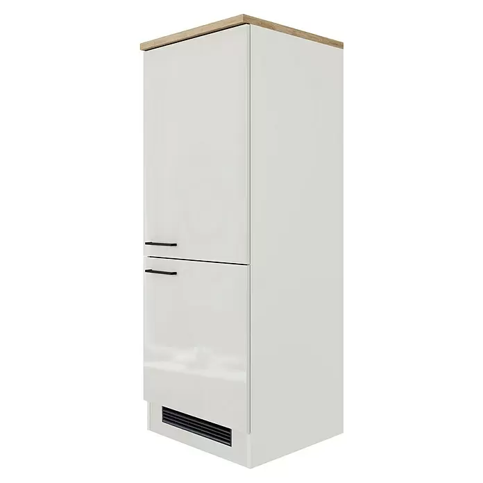 Flex-Well Lund Geräteumbauschrank - B x T x H: 60 x 57 x 161 cm, Lichtgrau - Weißer Hochschrank für Einbaugeräte mit hochglänzender Front, heller Holzplatte, schwarzen Griffen und Lüftungsgitter unten.