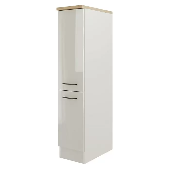 Flex-Well Lund Demi-Apothekerschrank - B x T x H: 30 x 57 x 169 cm, Lichtgrau - Hoher weißer Hochglanzschrank mit heller Holzplatte und zwei dunklen Griffen.