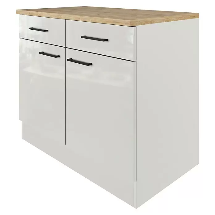 Flex-Well Lund Küchen-Unterschrank - B x T x H: 100 x 60 x 85 cm, Lichtgrau - Weißer Schrank mit heller Holzplatte und vier schwarzen Griffen, bestehend aus zwei oberen Schubladen und zwei unteren Türen.