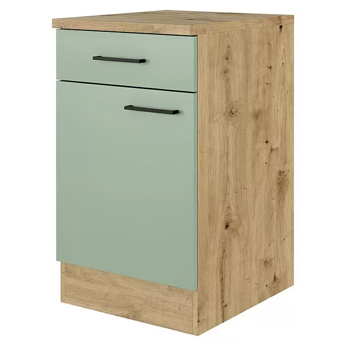 Flex-Well Cara Küchen-Unterschrank - B x T x H: 50 x 60 x 85 cm, Grün - Hellgrüner Schrank mit einer oberen Schublade und einer unteren Tür, hellen Holzseiten, Oberplatte und Sockel, sowie schwarzen Griffen.