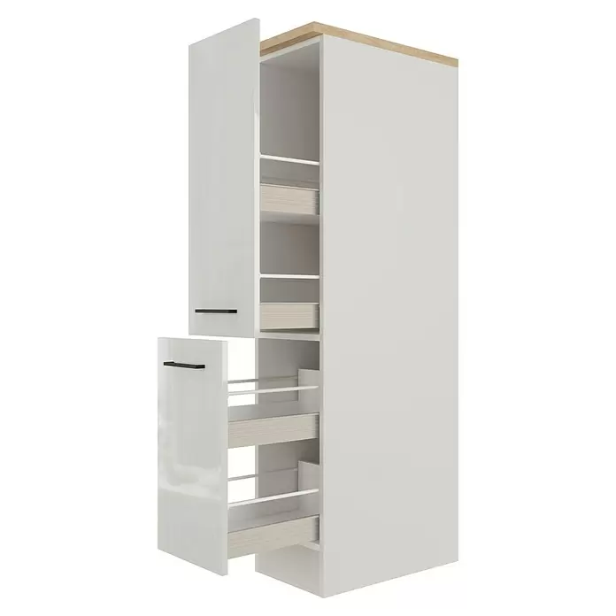 Flex-Well Lund Demi-Apothekerschrank - B x T x H: 30 x 57 x 169 cm, Lichtgrau - Weißer ausziehbarer Küchenhochschrank mit schwarzen Griffen, heller Holzplatte und Innenregalen, offen gezeigt.