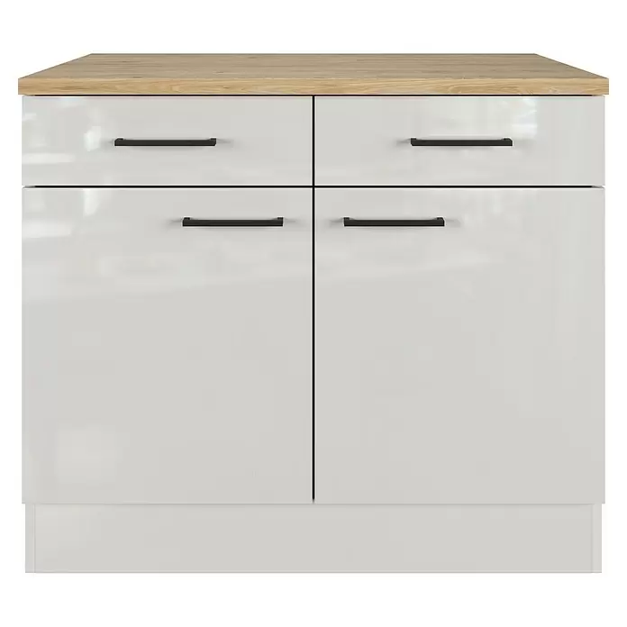 Flex-Well Lund Küchen-Unterschrank - B x T x H: 100 x 60 x 85 cm, Lichtgrau - Weißer Hochglanzschrank mit heller Holzplatte, zwei Schubladen und zwei Türen, alle mit schwarzen Griffen.