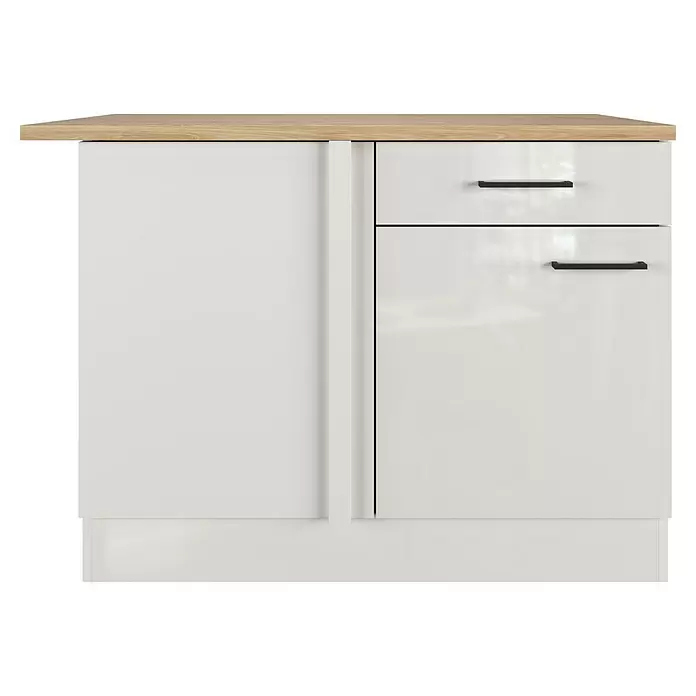 Flex-Well Lund Küchen-Eck-Unterschrank - B x T x H: 110 x 60 x 85 cm, Lichtgrau - Weißer Hochglanz-Küchenunterschrank mit heller Holz-Arbeitsplatte, einer Tür links und zwei Schubladen mit schwarzen Griffen rechts.