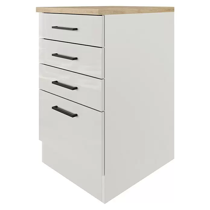 Flex-Well Lund Küchen-Unterschrank Schubkasten - B x T x H: 50 x 60 x 85 cm, Lichtgrau - Weißer Schrank mit vier glänzenden Schubladen, heller Holzplatte und schwarzen Griffen.