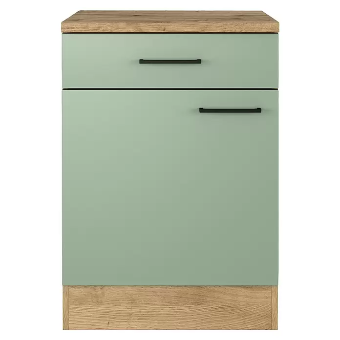 Flex-Well Cara Küchen-Unterschrank - B x T x H: 60 x 60 x 85 cm, Grün - Mintgrüner Schrank mit Holzplatte und -sockel, einer Schublade und einer Tür mit schwarzen Griffen.