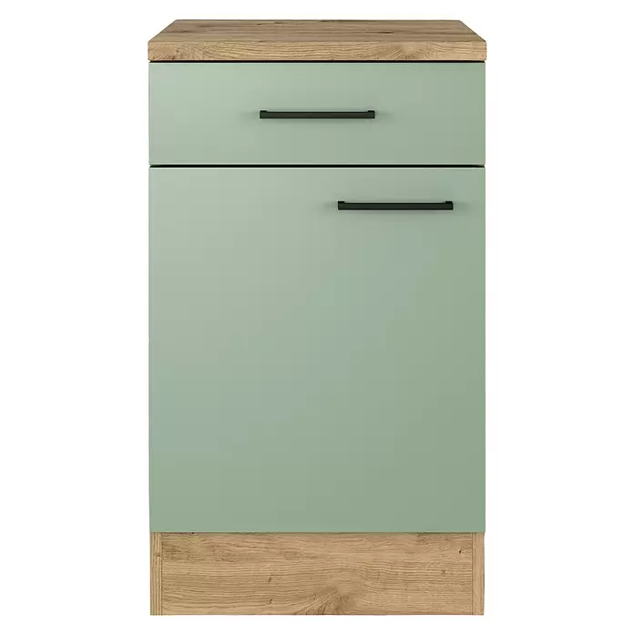 Flex-Well Cara Küchen-Unterschrank - B x T x H: 50 x 60 x 85 cm, Grün - Hellgrüner Kommodenschrank mit zwei Schubladen, Holzplatte und -sockel, schwarzen Quergriffen.