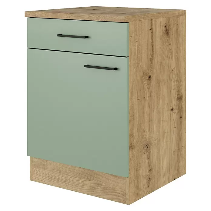 Flex-Well Cara Küchen-Unterschrank - B x T x H: 60 x 60 x 85 cm, Grün - Heller Holzschrank mit salbeigrüner Schublade und Tür, jeweils mit schwarzem Stangengriff.
