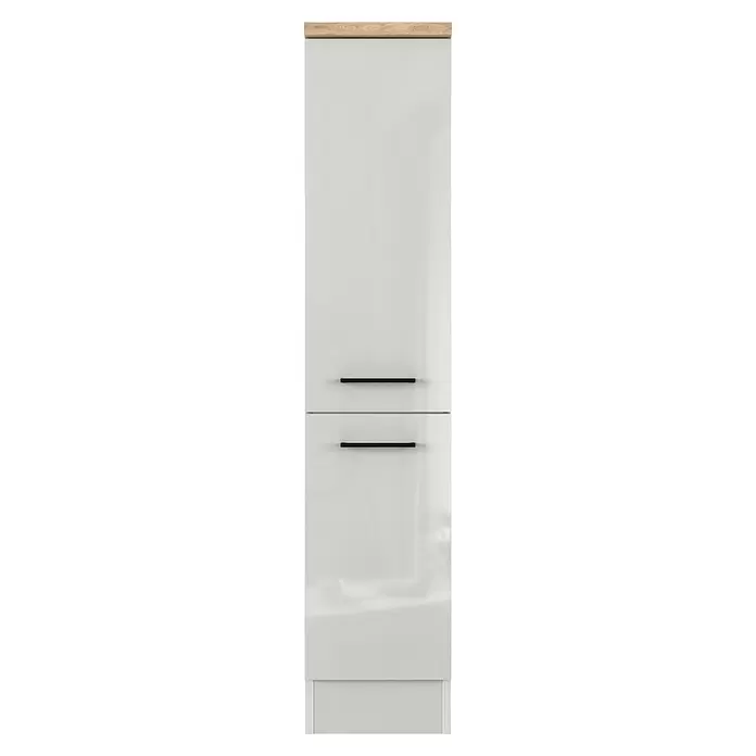 Flex-Well Lund Demi-Apothekerschrank - B x T x H: 30 x 57 x 169 cm, Lichtgrau - Weißer Hochglanzschrank mit heller Holzplatte und zwei schwarzen Stangengriffen.