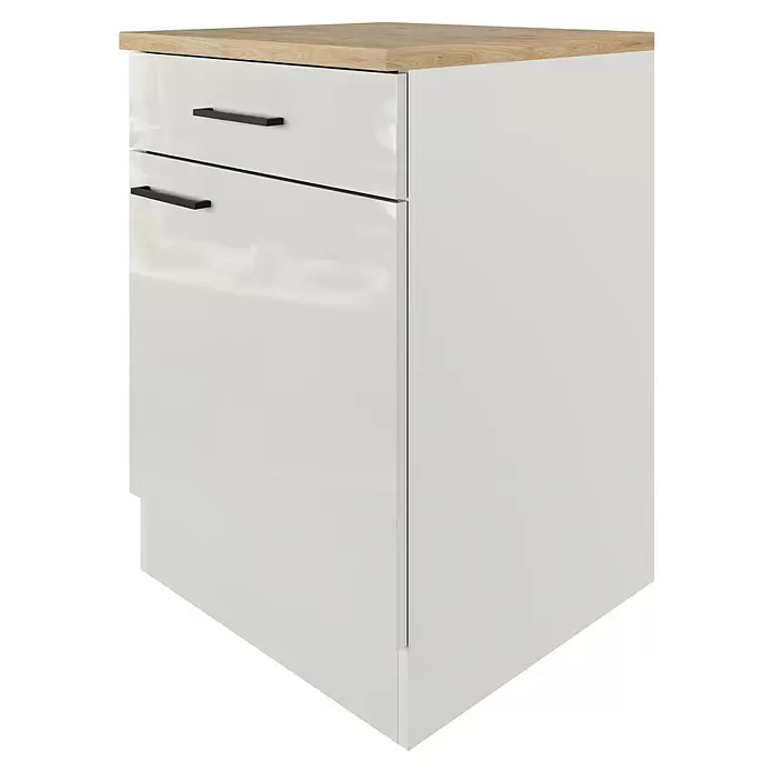 Flex-Well Lund Küchen-Unterschrank - B x T x H: 60 x 60 x 85 cm, Lichtgrau - Weißer Küchenunterschrank mit zwei Schubladen, schwarzen Griffen und heller Holzplatte.