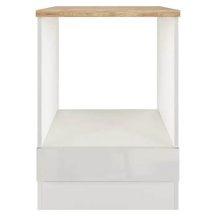 Flex-Well Lund Herd-Umbauschrank - B x T x H: 60 x 60 x 85 cm, Lichtgrau - Offenes Regal mit heller Holzplatte und weißem Korpus zur Präsentation oder Aufbewahrung von Gegenständen.
