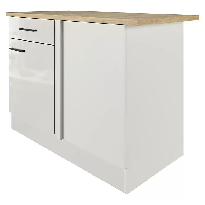 Flex-Well Lund Küchen-Eck-Unterschrank - B x T x H: 110 x 60 x 85 cm, Lichtgrau - Weißer Küchenunterschrank mit heller Holzplatte, zwei Schubladen mit schwarzen Griffen und einer Tür.