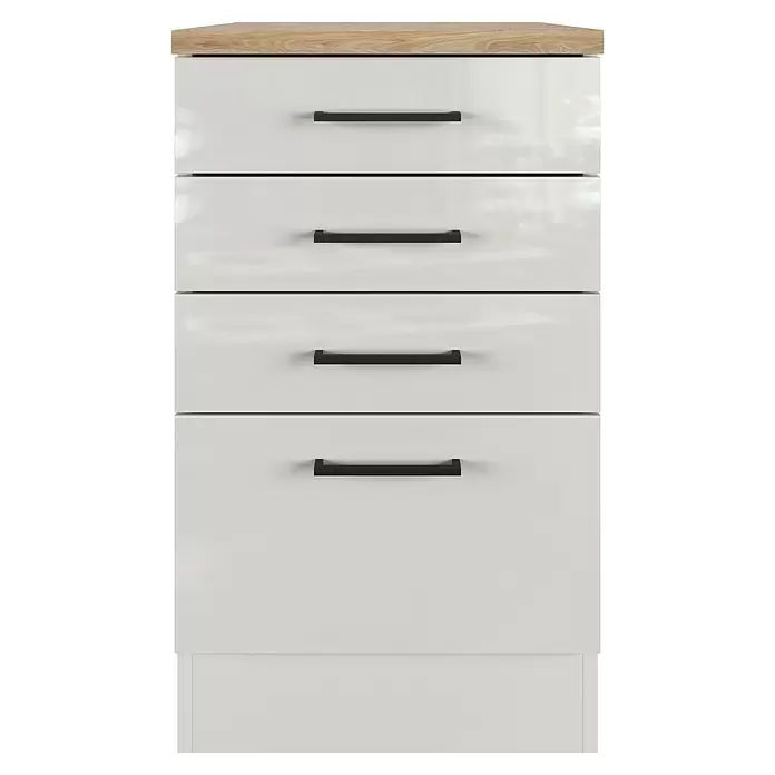 Flex-Well Lund Küchen-Unterschrank Schubkasten - B x T x H: 50 x 60 x 85 cm, Lichtgrau - Hohe Kommode mit heller Holzplatte und vier hochglänzenden weißen Schubladen mit schwarzen Griffen.