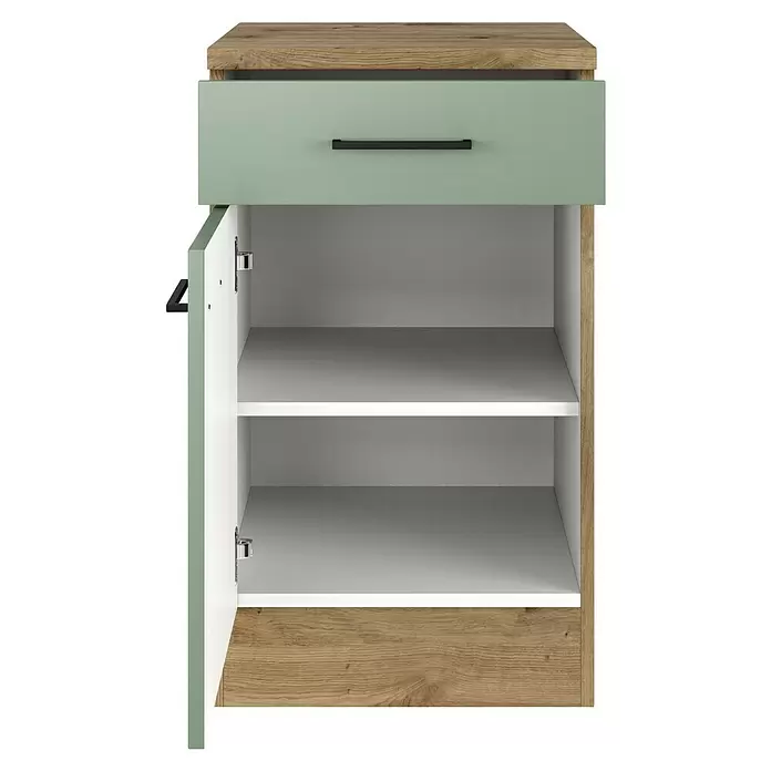 Flex-Well Cara Küchen-Unterschrank - B x T x H: 50 x 60 x 85 cm, Grün - Zweifarbiges Sideboard mit heller Holzplatte und -basis, hellgrüner Schublade und offenem Fach mit zwei weißen Ablagen und hellgrüner Tür. Schwarze Griffe.