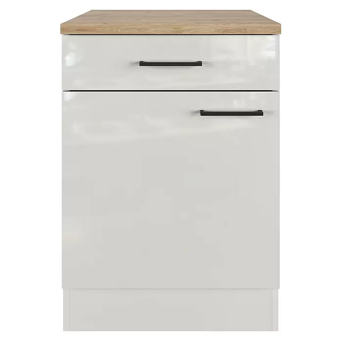 Flex-Well Lund Küchen-Unterschrank - B x T x H: 60 x 60 x 85 cm, Lichtgrau - Weißer Hochglanzschrank mit heller Holzplatte und schwarzen Griffen.