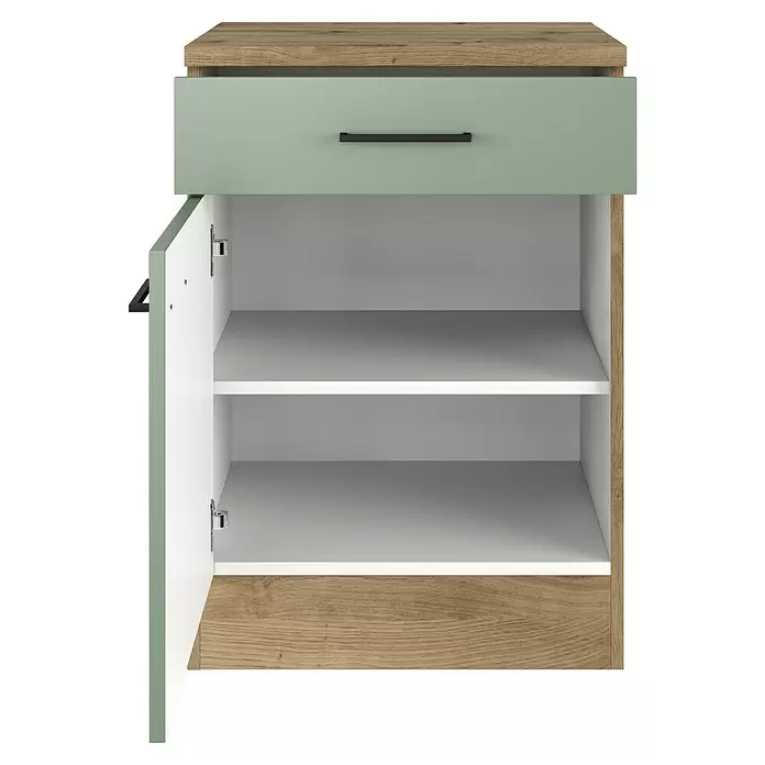 Flex-Well Cara Küchen-Unterschrank - B x T x H: 60 x 60 x 85 cm, Grün - Zweifarbiger Nachttisch mit Holzrahmen, hellgrüner Schublade und offener Tür, die weiße Ablagen zeigt.