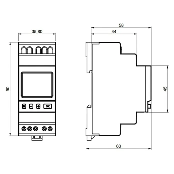 Dinuy Interruptor de palanca digital IH TEB MC2 - 230 V, Programación semanal - Diagrama de producto de un dispositivo electrónico con dimensiones, adecuado para documentación técnica.