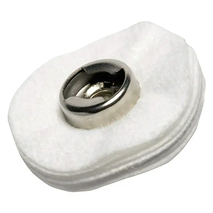 Dremel EZ SpeedClic Textilpolierscheibe 423 S - Arbeitsdurchmesser: 25 mm - Nahaufnahme eines runden, weißen Wattepads mit einem Metalleinsatz in der Mitte, ideal für Kosmetik oder Hautpflege.