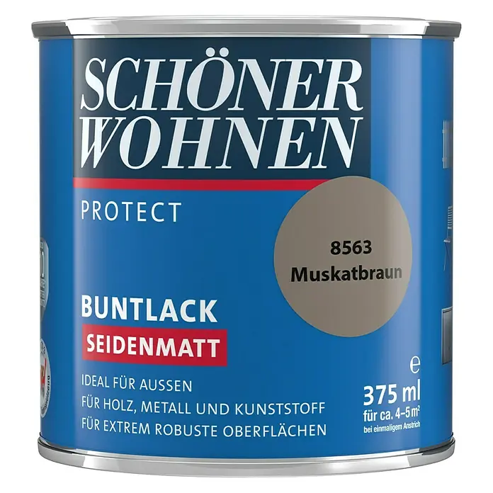 SCHÖNER WOHNEN-Farbe Protect Buntlack - Muskatbraun, Seidenmatt, 375 ml, Lösemittelbasiert - Dose Schöner Wohnen Buntlack Protect in Seidenmatt, Farbton 8563 Muskatbraun, ideal für Holz, Metall und Kunststoff im Außenbereich.
