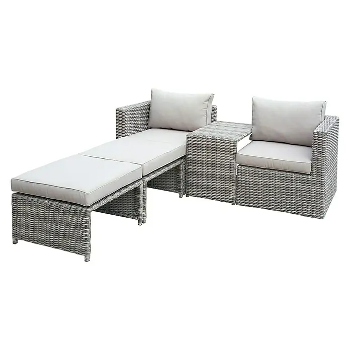 Conjunto de muebles Delma - 5 pzs., Ratán sintético, Gris - Conjunto de salón modular de exterior gris con cojines suaves y una mesa auxiliar para momentos de relax al aire libre.