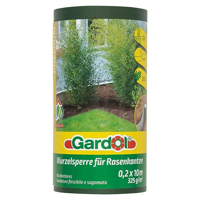 Gardol Premium Wurzelsperre - Polypropylen, 10 x 0,2 m - Das Bild zeigt eine Rolle Gardol Wurzelsperre für Rasenkanten, die Rasenflächen schützt. Das Produkt ist 0,2 x 10 m groß und wiegt 325 g/m².